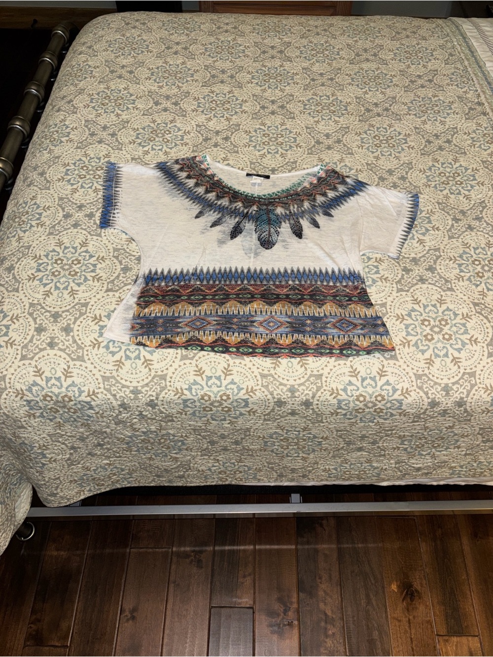 Only Nine Embellished Tribal Print Tee - White with Teal & Coral Accents size m